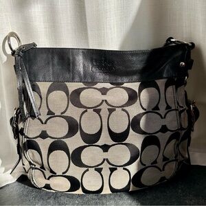 Coach Classic Jacquard Zoe Hobo, size Large, black and gray with leather trim